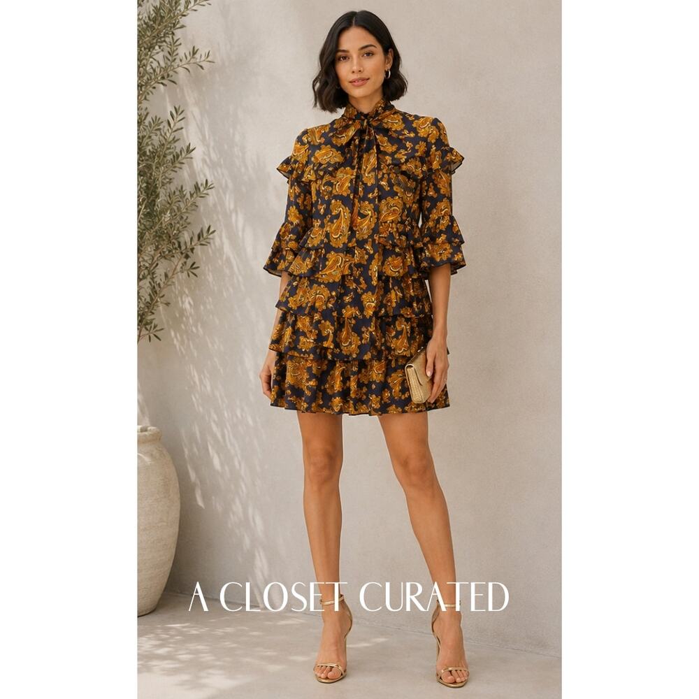 Amur Amoura Ruffle Mini Dress 0 Blue Yellow NEW